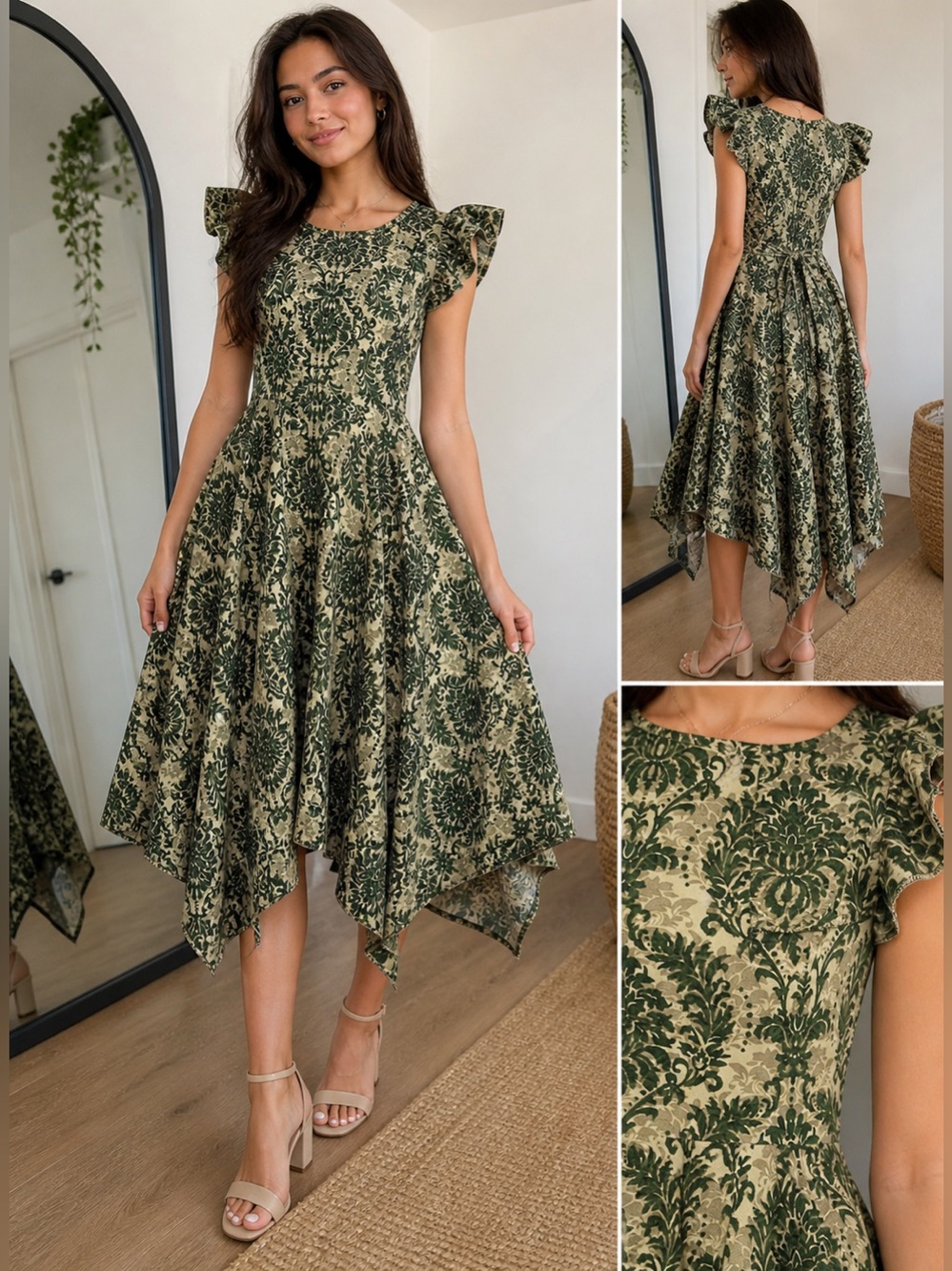 NEW Green Baroque Print Handkerchief Hem Dress Ruffle Sleeve Tie Back Midi